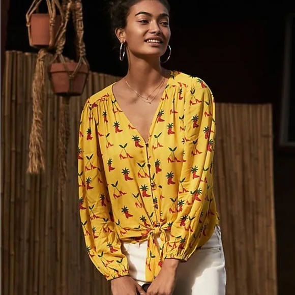 NWT Anthropologie Kendra Dandy Dreamer Buttondown Top Yellow Strawberry - Picture 6 of 11